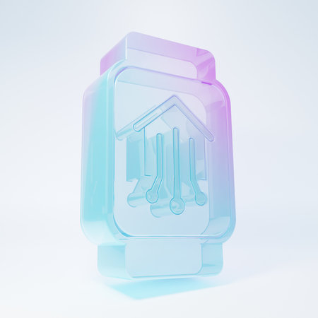 Frosted glass Smart home with smart watch icon isolated on white background. Remote control. Minimalism concept. 3D render illustration.の写真素材