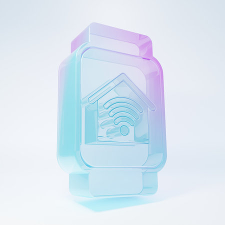 Frosted glass Smart watch with smart home with wi-fi icon isolated on white background. Remote control. Minimalism concept. 3D render illustration.の写真素材