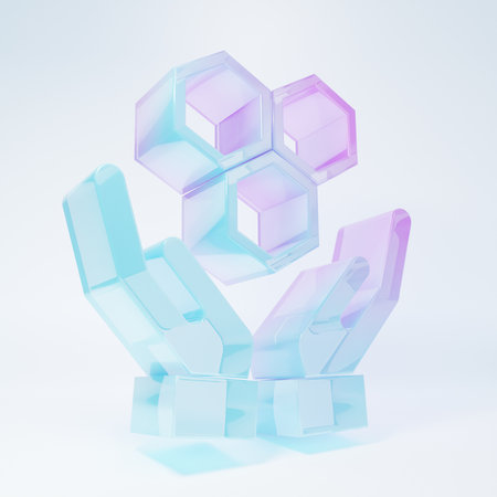 Frosted glass Honeycomb and hands icon isolated on white background. Honey cells symbol. Sweet natural food. Minimalism concept. 3D render illustration.の写真素材