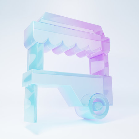 Frosted glass Fast street food cart with awning icon isolated on white background. Urban kiosk. Minimalism concept. 3D render illustration.の写真素材