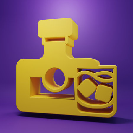 Yellow Whiskey bottle and glass icon isolated on purple background. Minimalism concept. 3D render illustration.の写真素材