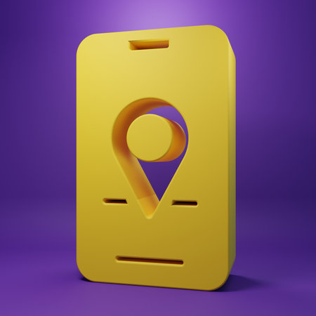 Yellow Infographic of city map navigation icon isolated on purple background. Mobile App Interface concept design. Geolocation concept. Minimalism concept. 3D render illustration.の写真素材