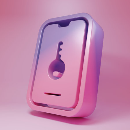 Purple-pink Online real estate house on smartphone icon isolated on pink background. Home loan concept, rent, buy, buying a property. Minimalism concept. 3D render illustration.の写真素材