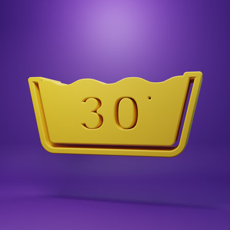 Yellow Washing under 30 degrees celsius icon isolated on purple background. Temperature wash. Minimalism concept. 3D render illustration.の写真素材