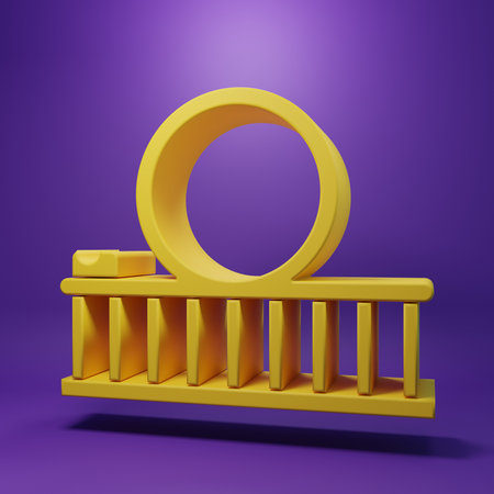 Yellow Roller coaster icon isolated on purple background. Amusement park. Childrens entertainment playground, recreation park. Minimalism concept. 3D render illustration.の写真素材