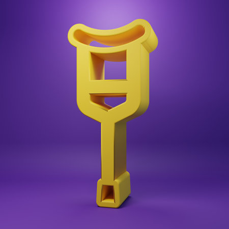 Yellow Crutch or crutches icon isolated on purple background. Equipment for rehabilitation of people with diseases of musculoskeletal system. Minimalism concept. 3D render illustration.の写真素材