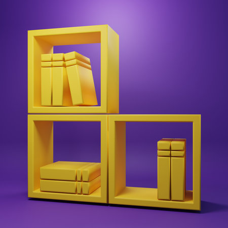 Yellow Shelf with books icon isolated on purple background. Shelves sign. Minimalism concept. 3D render illustration.の写真素材