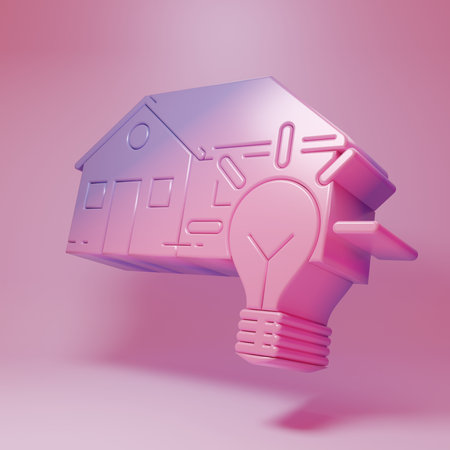 Purple-pink Smart house and light bulb icon isolated on pink background. Minimalism concept. 3D render illustration.の写真素材