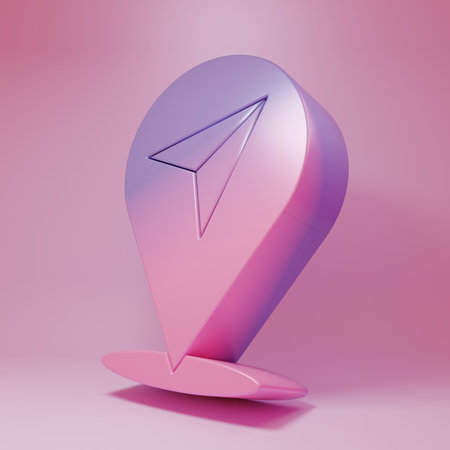 Purple-pink Map pin icon isolated on pink background. Navigation, pointer, location, map, gps, direction, place concept. Minimalism concept. 3D render illustration.の写真素材