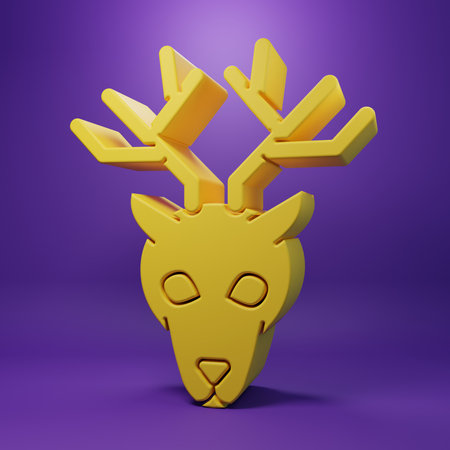 Yellow Deer head with antlers icon isolated on purple background. Minimalism concept. 3D render illustration.の写真素材