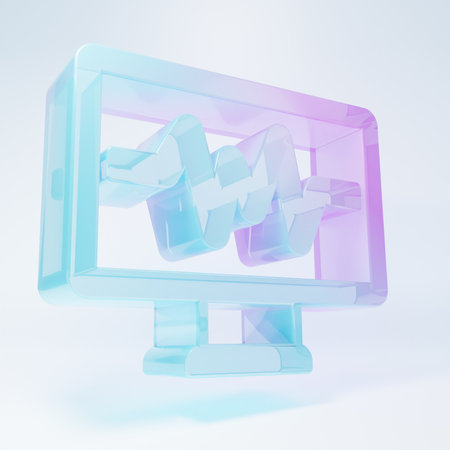 Frosted glass Computer monitor with cardiogram icon isolated on white background. Monitoring icon. ECG monitor with heart beat hand drawn. Minimalism concept. 3D render illustration.の写真素材