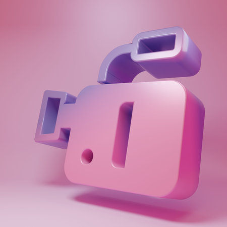 Purple-pink Cinema camera icon isolated on pink background. Video camera. Movie sign. Film projector. Minimalism concept. 3D render illustration.の写真素材