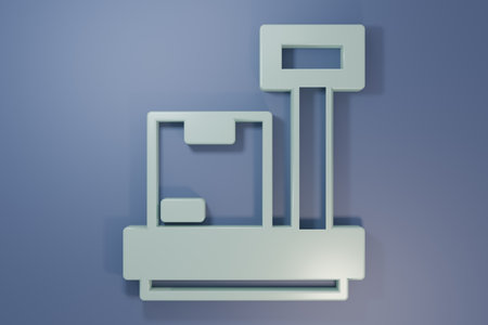 Gray Scale with cardboard box icon isolated on purple-blue background. Logistics and delivery. Weight of delivery package on a scale. Minimalism concept. 3D render illustration.の写真素材