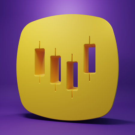 Yellow Browser with stocks market growth graphs and money icon isolated on purple background. Monitor with stock charts arrow on screen. Minimalism concept. 3D render illustration.の写真素材