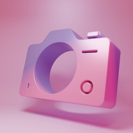 Purple-pink Photo camera icon isolated on pink background. Foto camera. Digital photography. Minimalism concept. 3D render illustration.の写真素材