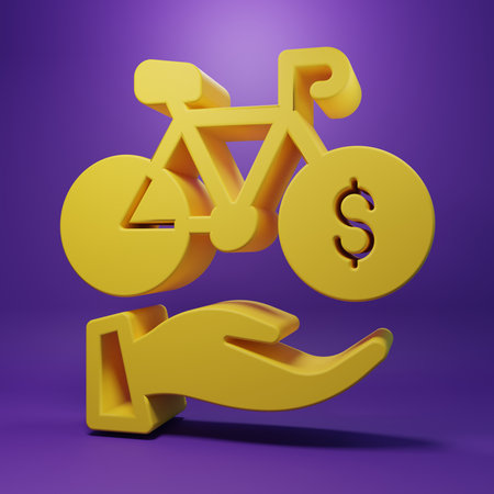 Yellow Bicycle rental mobile app icon isolated on purple background. Smart service for rent bicycles in the city. Mobile app for sharing system. Minimalism concept. 3D render illustration.の写真素材