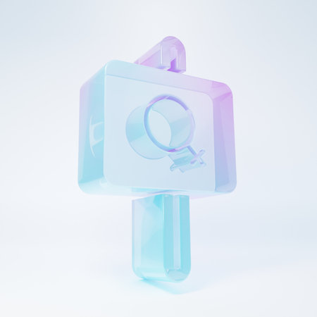 Frosted glass Female movement, feminist activist with banner and placards icon isolated on white background. Feminist rights movement, feminism sisterhood. Minimalism concept. 3D render illustration.の写真素材