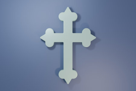 Gray Christian cross icon isolated on purple-blue background. Church cross. Minimalism concept. 3D render illustration.の写真素材