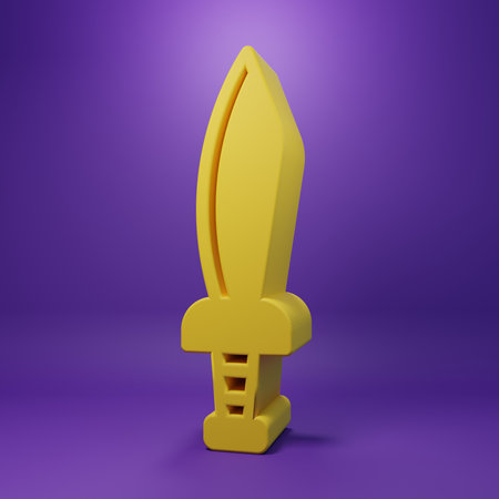 Yellow Pirate sword icon isolated on purple background. Saber sign. Minimalism concept. 3D render illustration.の写真素材