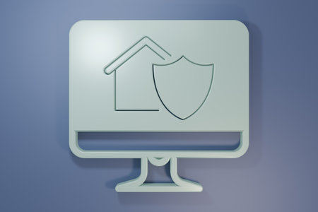 Gray Computer monitor with house under protection icon isolated on purple-blue background. Protection, safety, security, protect, defense concept. Minimalism concept. 3D render illustration.の写真素材