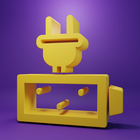 Yellow Battery charge level indicator icon isolated on purple background. Minimalism concept. 3D...