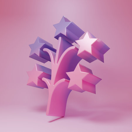 Purple-pink Fireworks icon isolated on pink background. Concept of fun party. Explosive pyrotechnic symbol. Minimalism concept. 3D render illustration.の写真素材