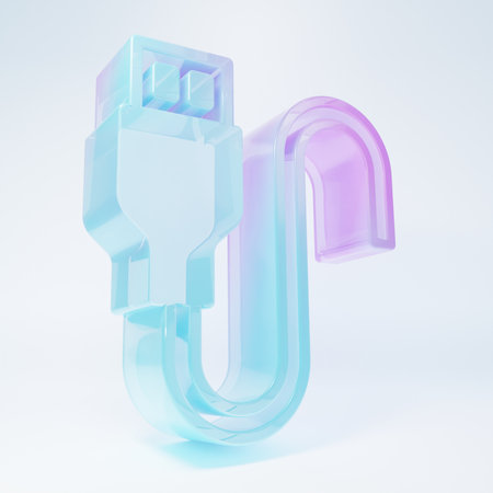 Frosted glass USB cable cord icon isolated on white background. Connectors and sockets for PC and mobile devices. Minimalism concept. 3D render illustration.の写真素材