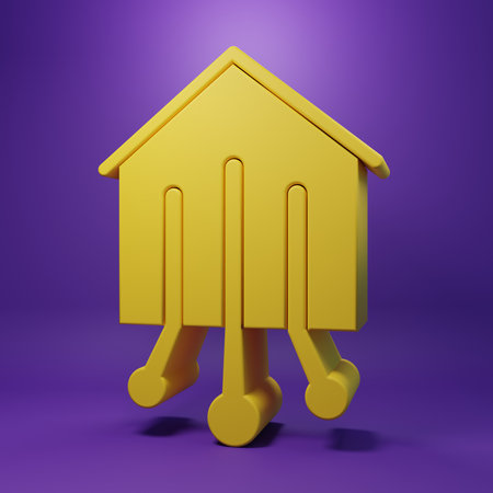 Yellow Smart home icon isolated on purple background. Remote control. Minimalism concept. 3D render illustration.の写真素材