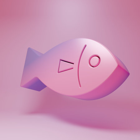 Purple-pink Fish icon isolated on pink background. Minimalism concept. 3D render illustration.の写真素材