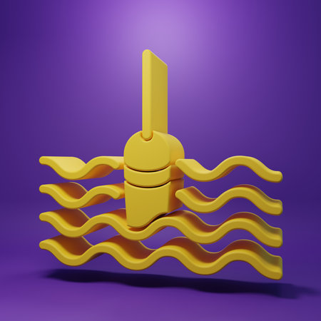 Yellow Fishing float in water icon isolated on purple background. Fishing tackle. Minimalism concept. 3D render illustration.の写真素材
