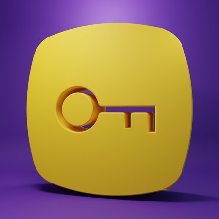 Yellow Key icon isolated on purple background. Minimalism concept. 3D render illustration.の写真素材