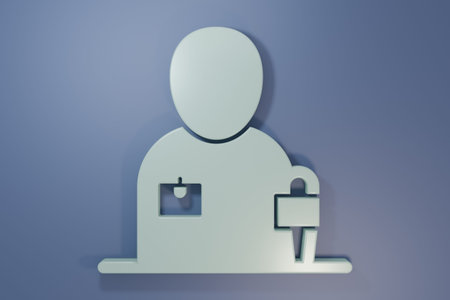 Gray Journalist news reporter with microphone icon isolated on purple-blue background. Minimalism...