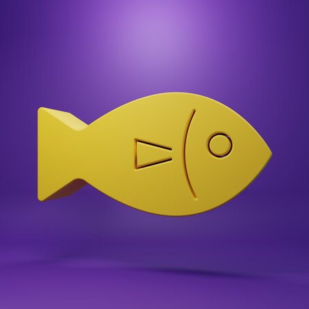 Yellow Fish icon isolated on purple background. Minimalism concept. 3D render illustration.の写真素材