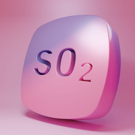 Purple-pink Sulfur dioxide SO2 gas molecule icon isolated on pink background. Structural chemical...