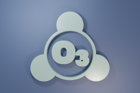 Gray Ozone molecule icon isolated on purple-blue background. Ozone, O3, trioxygen, inorganic molecule. Structural chemical formula and molecule model. Minimalism concept. 3D render illustration.の写真素材