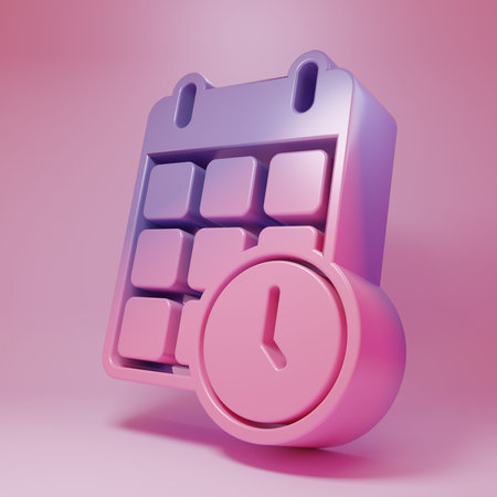 Purple-pink Carton cardboard box and fast time delivery icon isolated on pink background. Box, package, parcel sign. Delivery and packaging. Minimalism concept. 3D render illustration.の写真素材