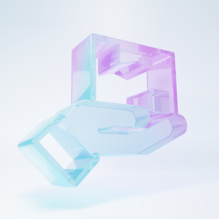 Frosted glass Delivery hand with cardboard boxes icon isolated on white background. Door to door delivery by courier. Minimalism concept. 3D render illustration.の写真素材