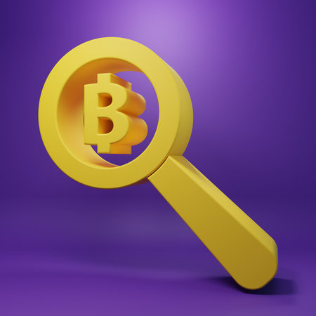 Yellow Magnifying glass with Bitcoin icon isolated on purple background. Physical bit coin. Blockchain based secure crypto currency. Minimalism concept. 3D render illustration.の写真素材