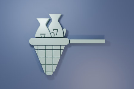 Gray Fishing net with fish icon isolated on purple-blue background. Minimalism concept. 3D render illustration.の写真素材