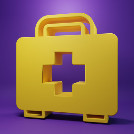 Yellow First aid kit icon isolated on purple background. Medical box with cross. Medical equipment for emergency. Healthcare concept. Minimalism concept. 3D render illustration.の写真素材