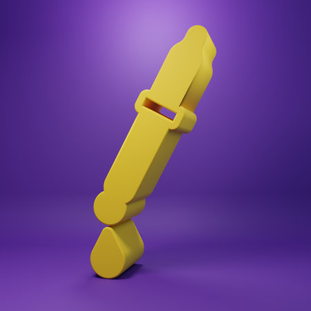 Yellow Pipette icon isolated on purple background. Element of medical, chemistry lab equipment. Pipette with drop. Medicine symbol. Minimalism concept. 3D render illustration.の写真素材