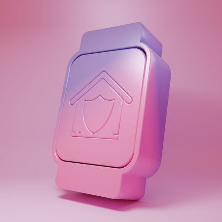 Purple-pink Smart watch with house under protection icon isolated on pink background. Protection, safety, security, protect, defense concept. Minimalism concept. 3D render illustration.の写真素材