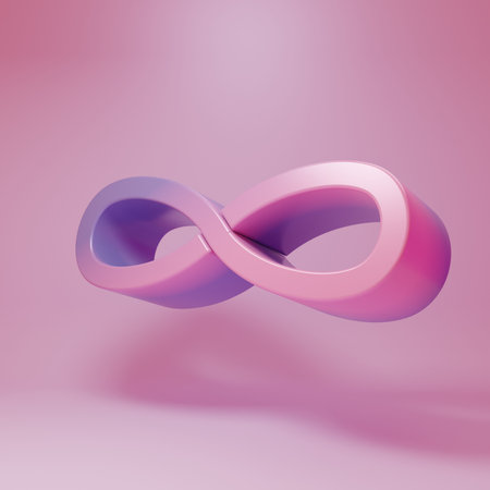 Purple-pink Infinity icon isolated on pink background. Minimalism concept. 3D render illustration.の写真素材
