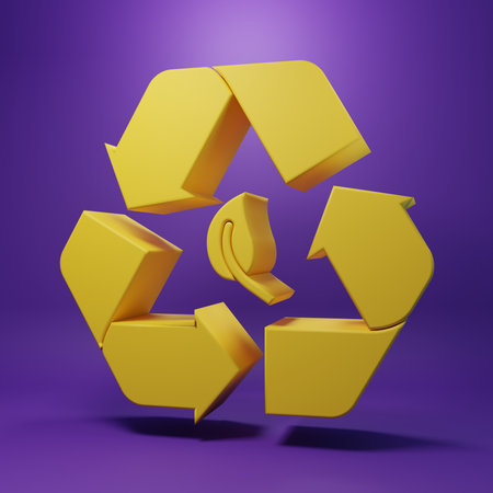 Yellow Recycle symbol and leaf icon isolated on purple background. Environment recyclable go green. Minimalism concept. 3D render illustration.の写真素材