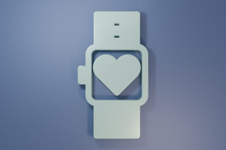 Gray Smart watch showing heart beat rate icon isolated on purple-blue background. Fitness App concept. Minimalism concept. 3D render illustration.の写真素材