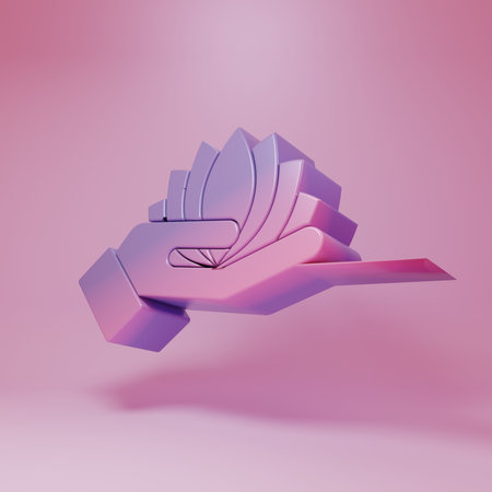Purple-pink Lotus flower icon isolated on pink background. Minimalism concept. 3D render illustration.の写真素材
