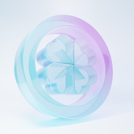 Frosted glass Gold coin with four leaf clover icon isolated on white background. Happy Saint Patricks day. Minimalism concept. 3D render illustration.の写真素材