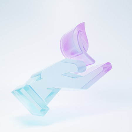 Frosted glass Sprout in hand of environmental protection icon isolated on white background. Seed and seedling. Planting supply. Ecology concept. Minimalism concept. 3D render illustration.の写真素材