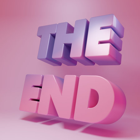 Purple-pink The End handwritten inscription icon isolated on pink background. Closing movie frame. Movie ending screen. Minimalism concept. 3D render illustration.の写真素材
