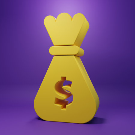 Yellow Money bag icon isolated on purple background. Dollar or USD symbol. Cash Banking currency sign. Minimalism concept. 3D render illustration.の写真素材